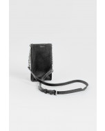Black leather mobile pouch with an adjustable strap.